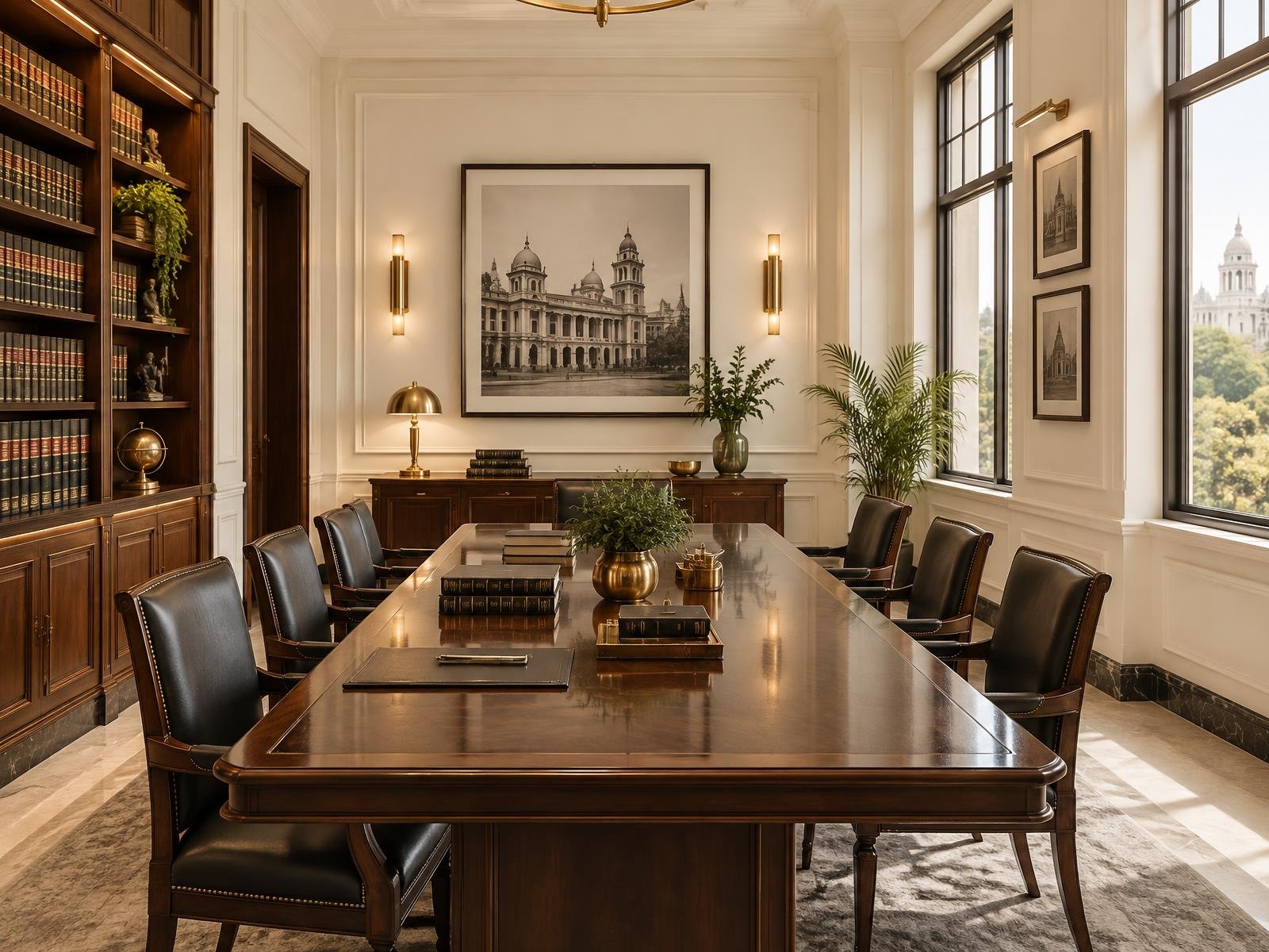 A bright legal consultation room with a long conference table